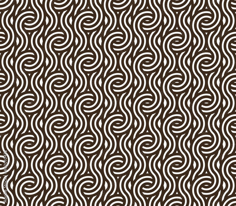 Seamless linear vector geometric minimalistic pattern, abstract lines tiling background, stripy weaving, optical maze, twisted stripes.