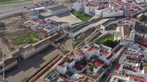Aerial bird perspective of white Andalusian Spanish town seen from above