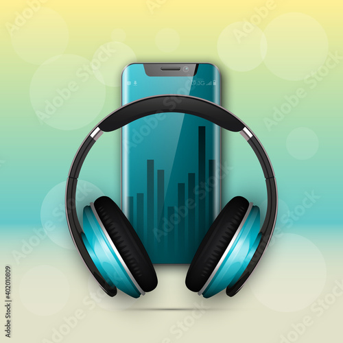 Image headphones on smartphone latest model background. Device for listening music on phone latest model background. Color stereo headphone for listening audio from phone. Banner earphones music party