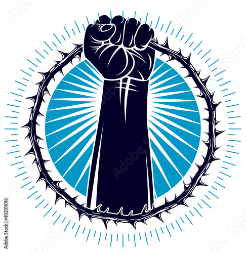 Slavery theme illustration with strong hand clenched fist fighting for freedom against blackthorn thorn, vector logo or tattoo, through the thorns to the stars concept.