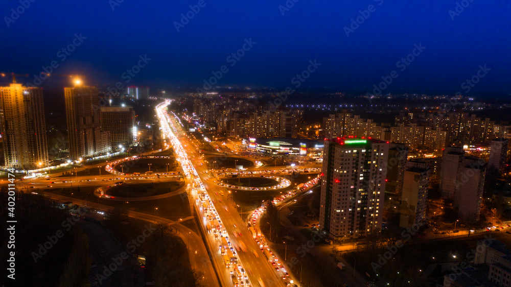 Evening traffic jams in the city. Aerial view.