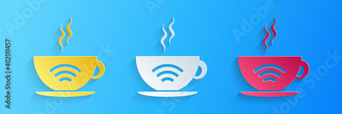 Paper cut Cup of coffee shop with free wifi zone icon isolated on blue background. Internet connection placard. Paper art style. Vector.