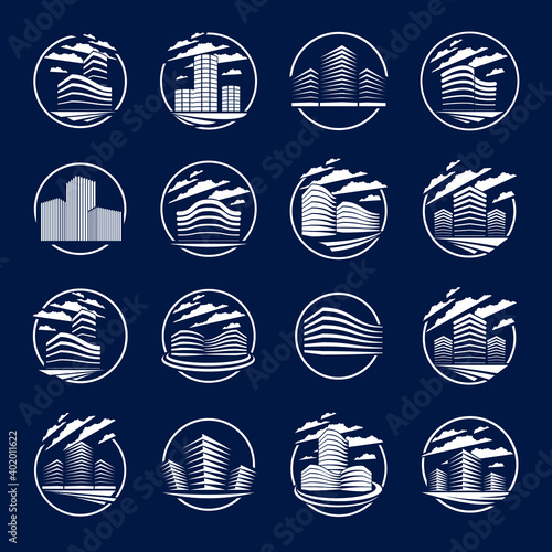 Office building round shape icons or logos set, modern architecture vector illustrations collection. Real estate realty business center designs. 3D futuristic facades over black.