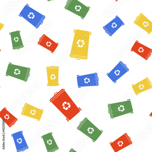 Color Recycle bin with recycle symbol icon isolated seamless pattern on white background. Trash can icon. Garbage bin sign. Recycle basket icon. Vector.