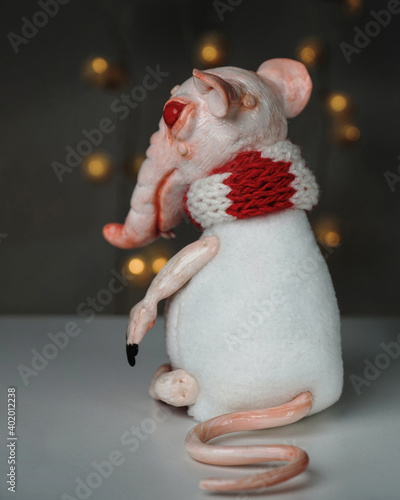 Handmade toy made of polymer clay white rat symbol of the year 2020