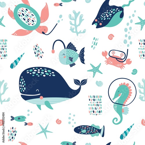 Sea life cute vector pattern. Vector illustration for kids design, wallpaper, wrapping, textile, package design.

