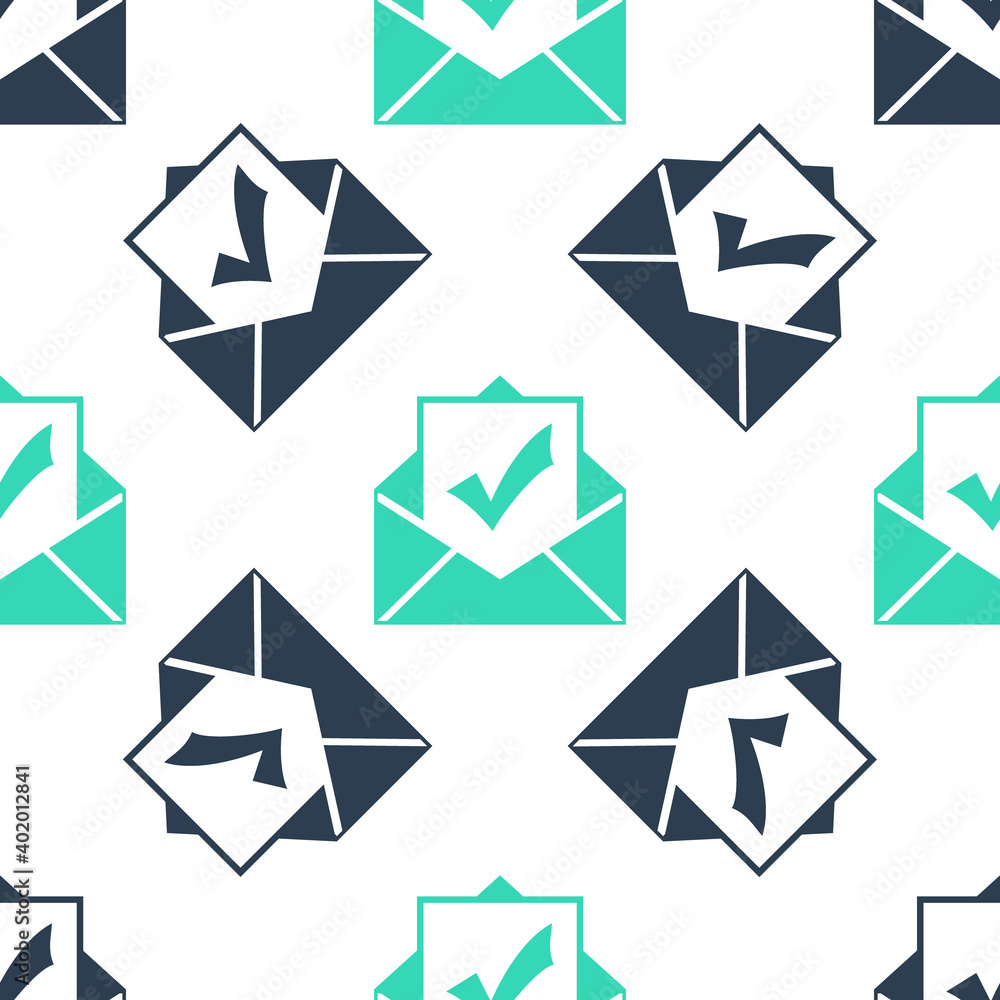 Green Envelope with document and check mark icon isolated seamless pattern on white background. Successful email delivery confirmation, successful verification concept. Vector. Green Envelope with document and check mark icon isolated seamless pattern on white background. Successful email delivery confirmation, successful verification concept. Vector.