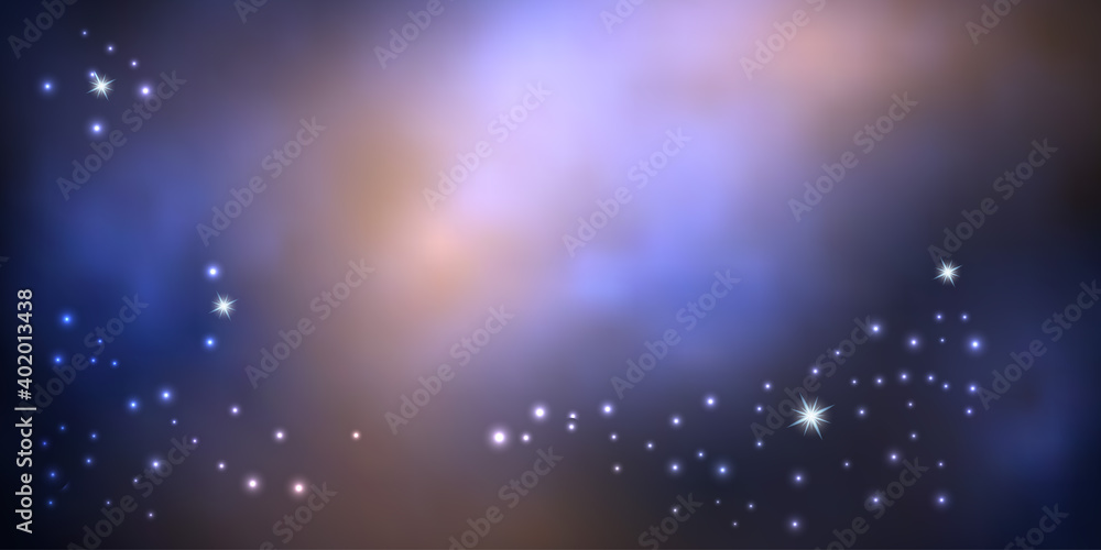 Galaxy night sky. Colorful  night sky with shiny star dust and nebula.  Blue clouds and sunrise glow, abstract backdrop. Vector illustration