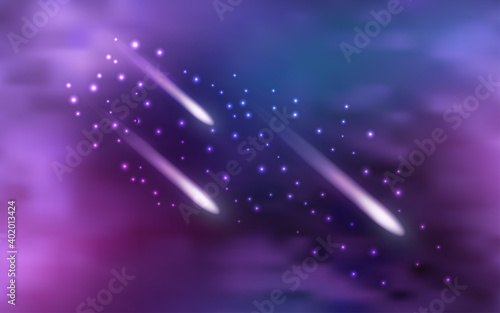 Galaxy space background with shining star nebula and flying comets and cloudy mist. Purpla abstract cosmic backdrop, vector illustration