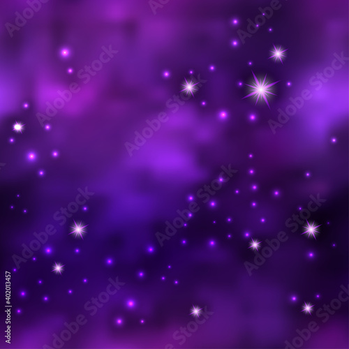 Magic galaxy space with shiny nebula  star dust. Purple mysterious night sky, light flare and cloudy mist. Abstract background, seamless cosmic pattern, vector illustration