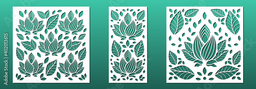 Set of laser cut panels with abstract geometric pattern. For home interior design elements, screens and room dividers. Metal or glass cutting, wood carving, wall art, fretwork. Vector templates.