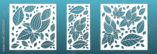 Set of laser cut panels with abstract geometric pattern. For home interior design elements, screens and room dividers. Metal or glass cutting, wood carving, wall art, fretwork. Vector templates.