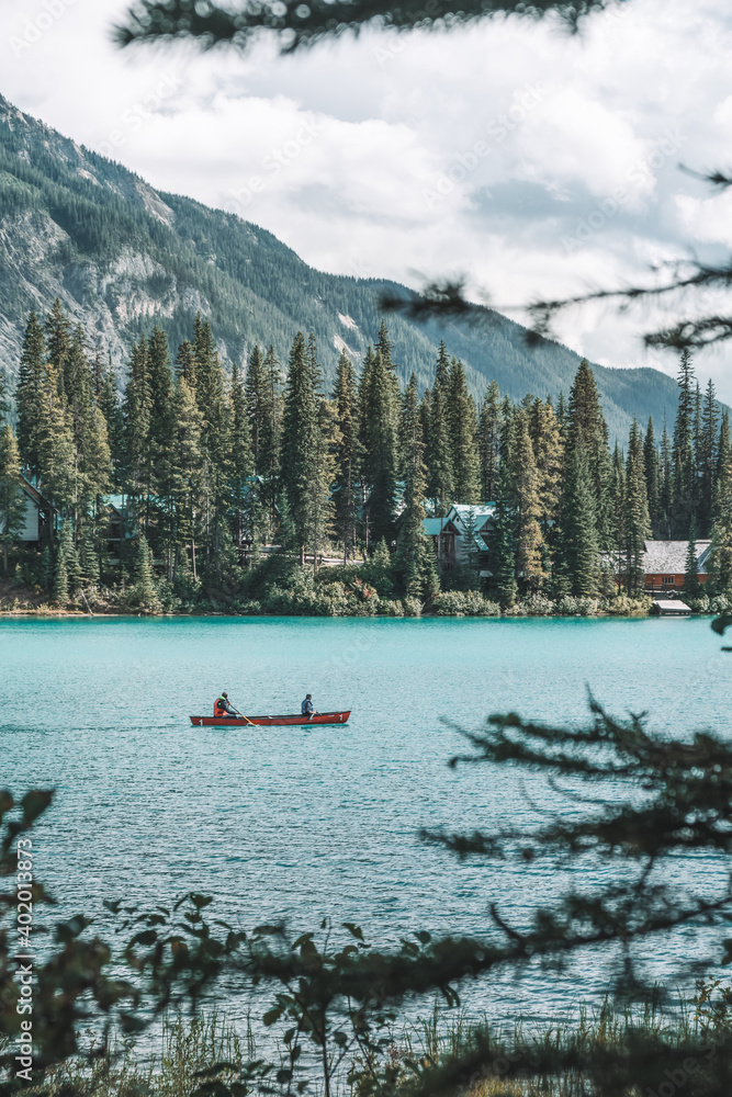 Through the pine trees, paddlers paddle a canoe in front of the Emerald Lake Peninsula in Yoho National Park, BC, Canada on a beautiful summer day.