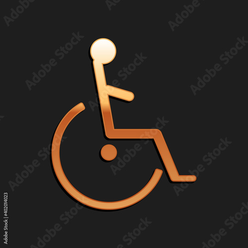 Gold Disabled handicap icon isolated on black background. Wheelchair handicap sign. Long shadow style. Vector.