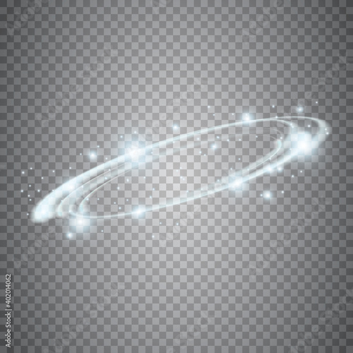 Circular lens flare transparent light effect. Abstract sparkling spark. Ellipse border. Shining shock. Rotational glow line. Power energy element. Glowing ring trace. Round shiny frame. Vector circle