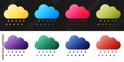 Set Cloud with rain icon isolated on black and white background. Rain nimbus cloud precipitation with rain drops. Vector.