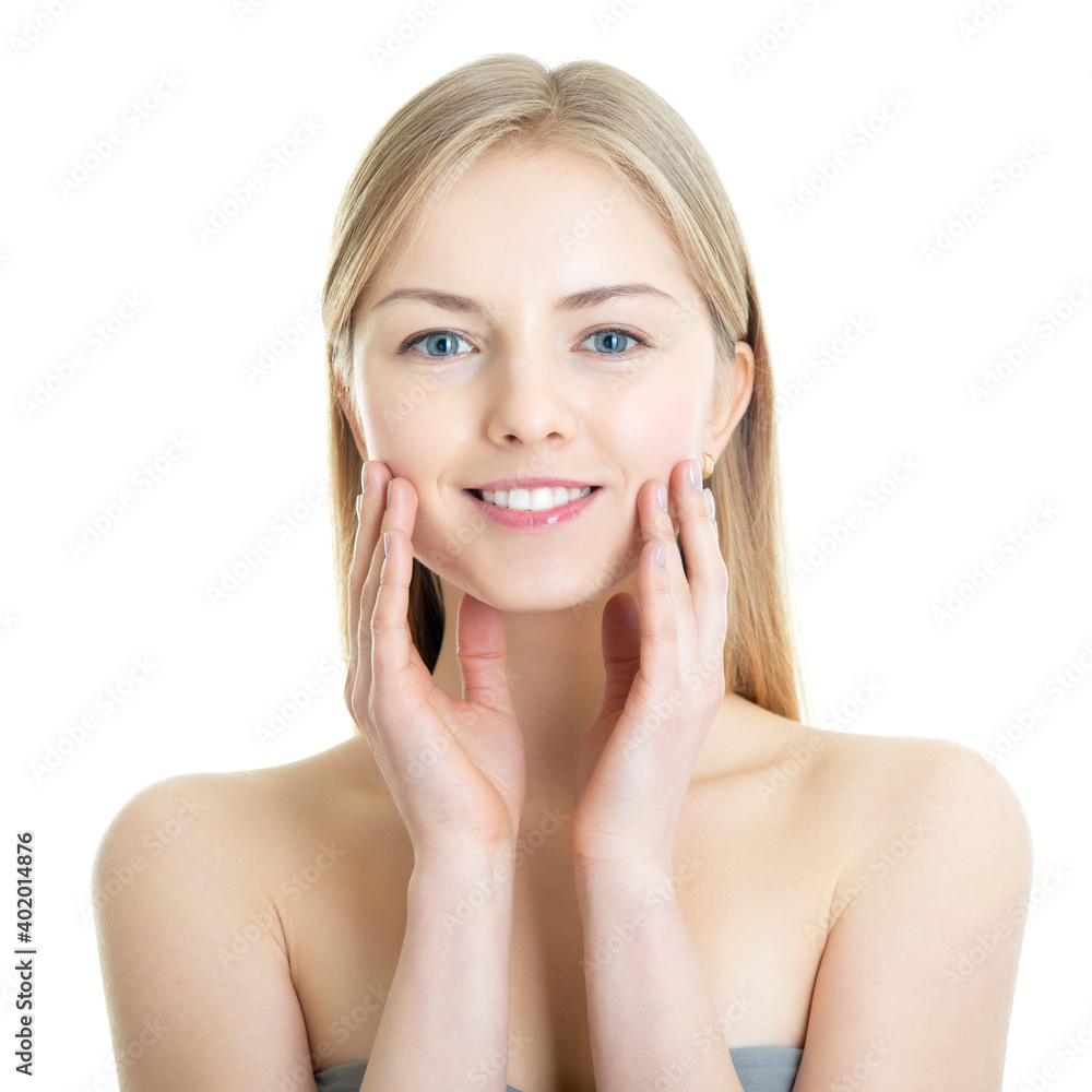 Attractive young caucasian woman with long blond hair happy smiling and posing at studio over white background Attractive young caucasian woman with long blond hair happy smiling and posing at studio over white background