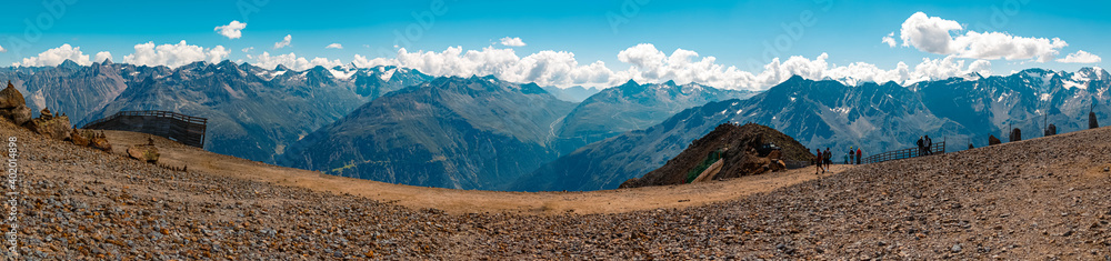 High resolution stitched panorama of a beautiful alpine summer view at the famous Gaislachkogel summit, Soelden, Oetztal, Tyrol, Austria High resolution stitched panorama of a beautiful alpine summer view at the famous Gaislachkogel summit, Soelden, Oetztal, Tyrol, Austria