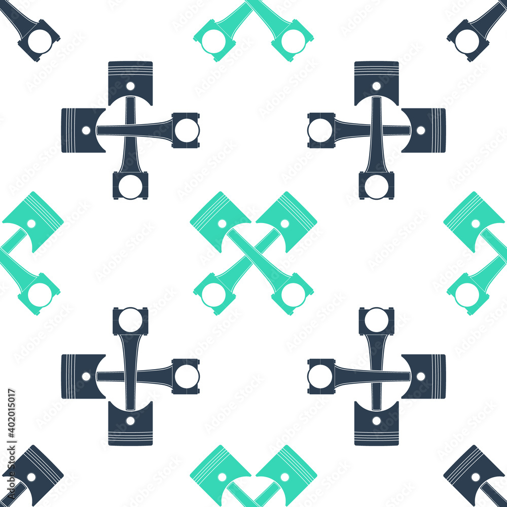 Green Two crossed engine pistons icon isolated seamless pattern on white background. Vector.