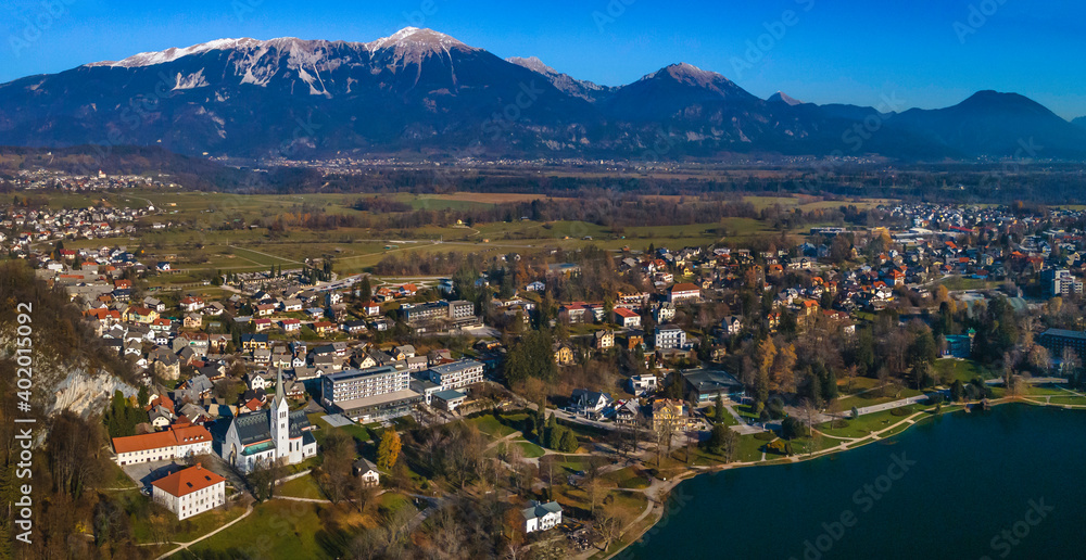 Aerial  panoramic view of  resort town Bled with the mountain Stol in the background, Slovenia