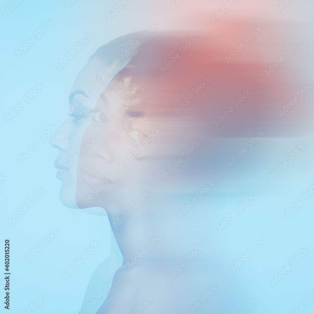 Double exposure portrait of young beautiful african american woman, modern art