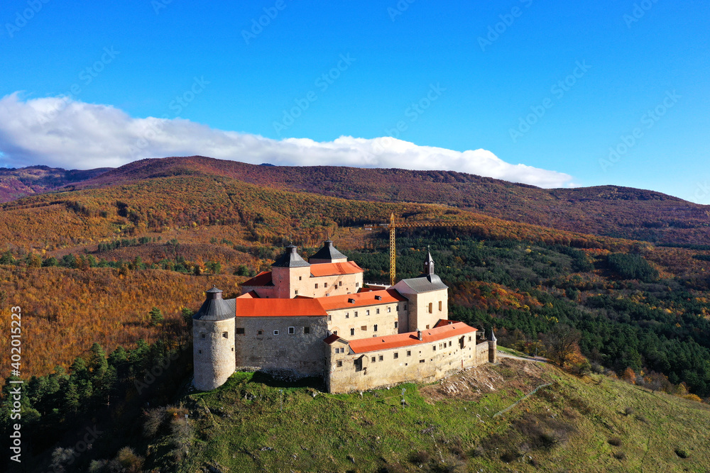 Aerial autumn view of Krasna Horka castle in Slovakia