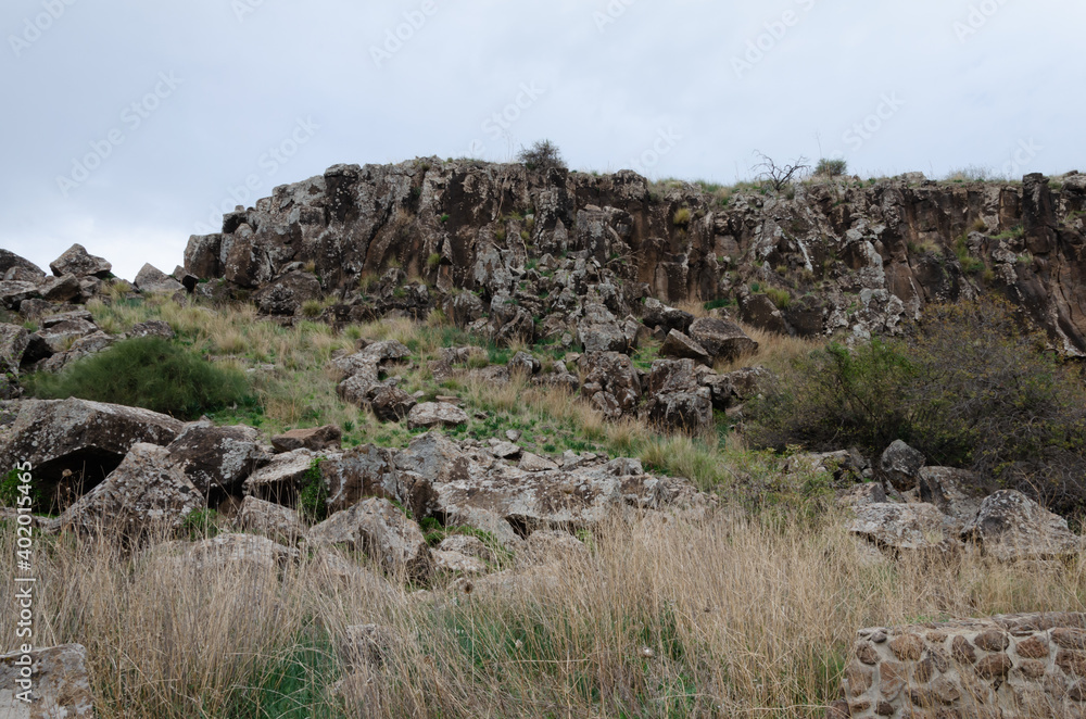 landscapes with mountain views with the remains of ancient buildings on the Golan heights in israel landscapes with mountain views with the remains of ancient buildings on the Golan heights in israel