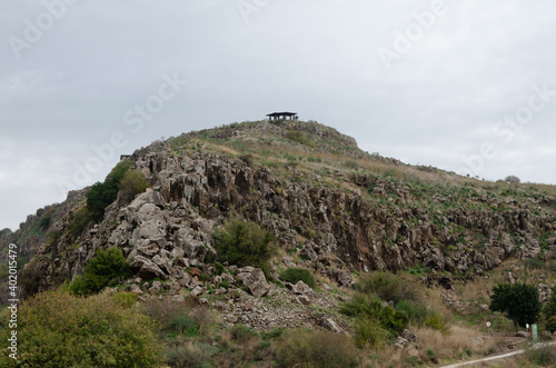 landscapes with mountain views with the remains of ancient buildings on the Golan heights in israel