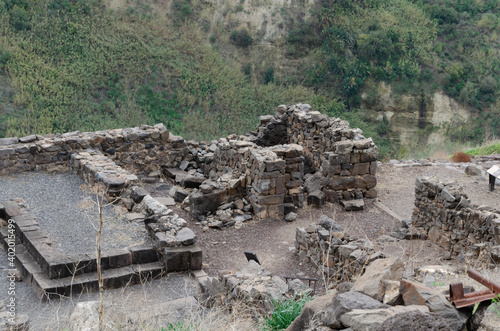 landscapes with mountain views with the remains of ancient buildings on the Golan heights in israel photo