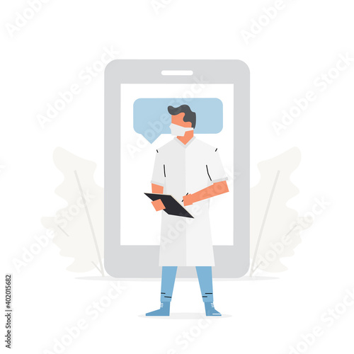 The doctor stands in front of a large phone. Online medical consultation and health app concept vector illustration.