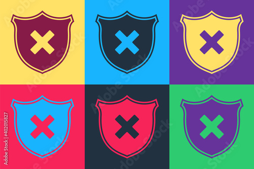 Pop art Shield and cross x mark icon isolated on color background. Denied disapproved sign. Protection, safety, security concept. Vector.