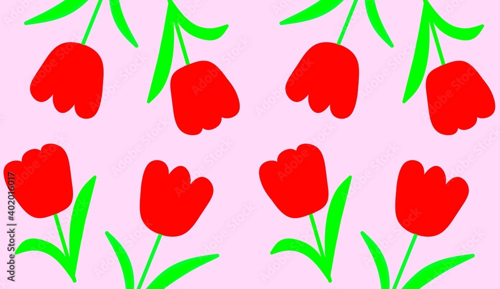 Red Tulip Flower Green Leaves Plant Pattern on Pink Wallpaper Background Illustration Red Tulip Flower Green Leaves Plant Pattern on Pink Wallpaper Background Illustration