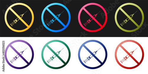 Set No vaccine icon isolated on black and white background. No syringe sign. Vaccination, injection, vaccine, insulin concept. Vector.