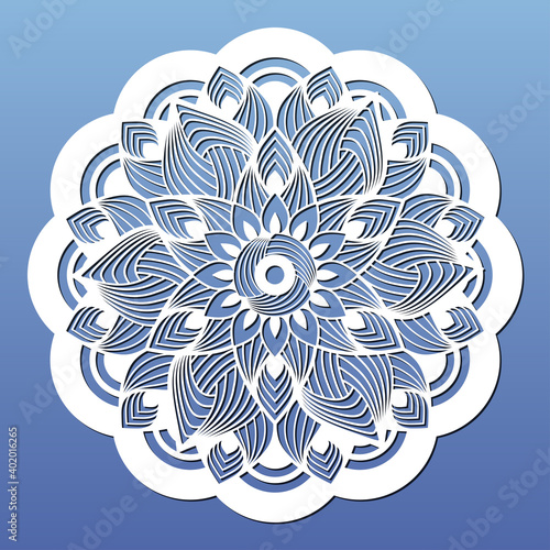 Laser cut mandala. Cnc cutting stencil with circular floral ornament. Coaster, home design element, diy craft, paper art, carving, wall decor. Vector illustration
