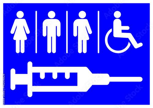 gz977 GrafikZeichnung - nmss66 NewModernSanitarySign nmss - All Gender - Coronavirus Vaccine / Syringe. - male, female transgender, wheelchair person sign. - label template - DIN A1 A2 A3 A4 - e10048