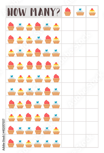 Counting children game of cartoon sweets bakery food. Kids learning collection. Count how many elements and write the result. Preschool worksheet activity.