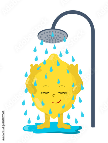 Cute kawaii lemon washes in the shower with closed eyes. Colorful smiling fruit. Isolated vector illustration.	