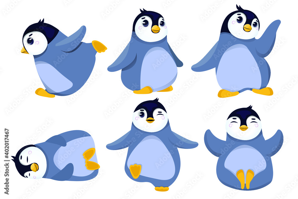 Fototapeta premium Christmas penguin set, Christmas with watercolor illustration. Snow animals, cartoon penguins isolated on white background. Merry Christmas and New Year. Vector illustration