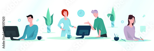 Working at home, coworking space. Online study, education. Coworking center concept. Work at home concept design. Freelancers working on laptops and computers. Vector illustration