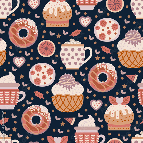 Coffee shop sweets seamless pattern. Cacao drink. Cafe background. Delicious cappuccino in cup with bakery products. Vector illustration for design of menu for sweet shoppe, candy store, tea shop