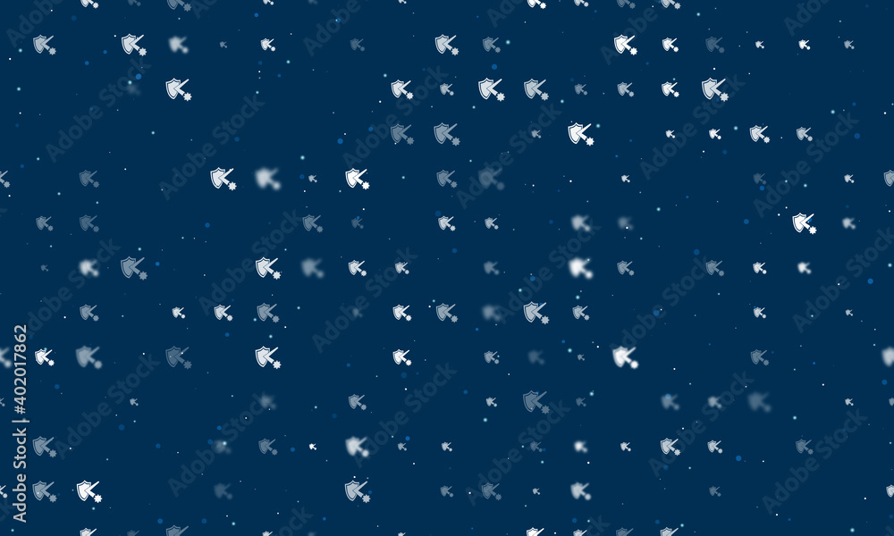Seamless background pattern of evenly spaced white virus bounces off the shield symbols of different sizes and opacity. Vector illustration on dark blue background with stars