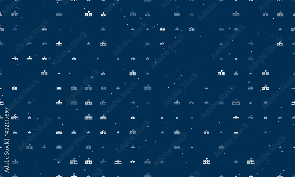 Seamless background pattern of evenly spaced white school building symbols of different sizes and opacity. Vector illustration on dark blue background with stars