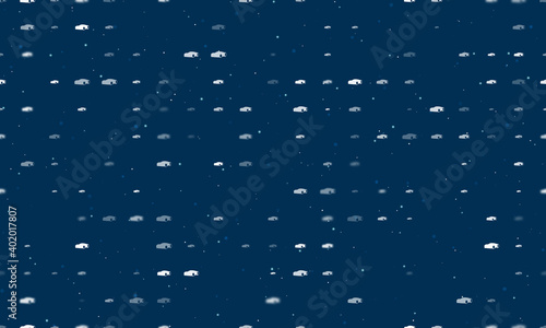 Seamless background pattern of evenly spaced white sport car symbols of different sizes and opacity. Vector illustration on dark blue background with stars