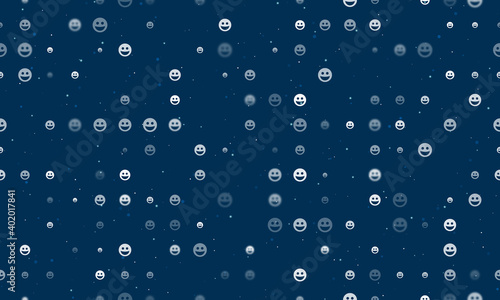 Seamless background pattern of evenly spaced white laughter Emoticons of different sizes and opacity. Vector illustration on dark blue background with stars