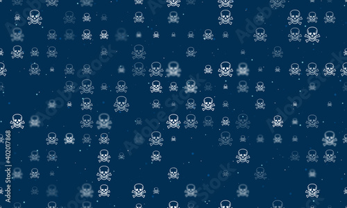 Seamless background pattern of evenly spaced white skulls of different sizes and opacity. Vector illustration on dark blue background with stars