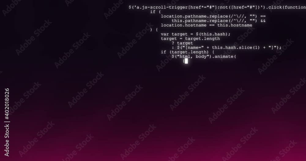 Javascript code background with lines of code appear from top to down ...
