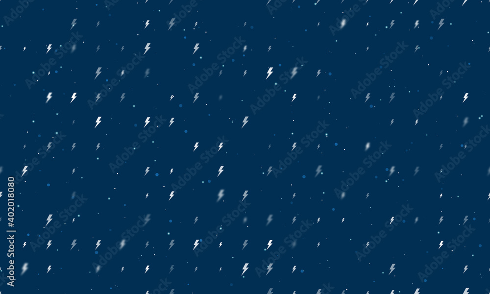 Seamless background pattern of evenly spaced white lightning symbols of different sizes and opacity. Vector illustration on dark blue background with stars