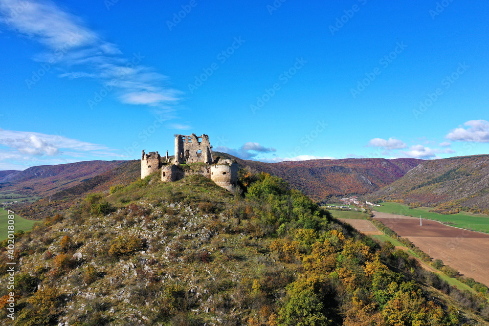 Aerial autumn view of the castle in the village of Turna nad Bodvou in Slovakia