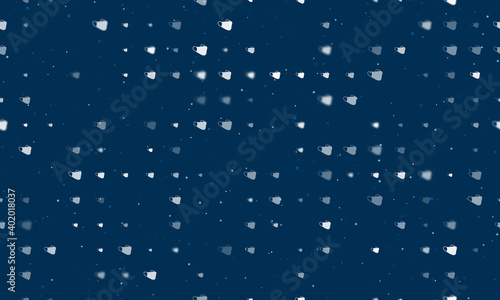 Seamless background pattern of evenly spaced white mask symbols of different sizes and opacity. Vector illustration on dark blue background with stars