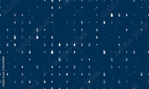 Seamless background pattern of evenly spaced white liquid soap symbols of different sizes and opacity. Vector illustration on dark blue background with stars